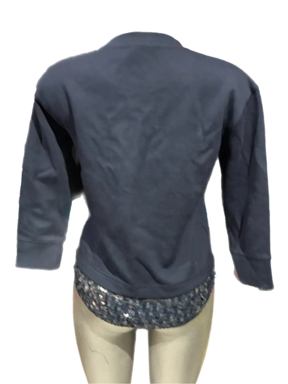J. Crew Navy Blue Crewneck Sweatshirt Sequin-trimmed Hem 3/4 Sleeves XS Preppy
